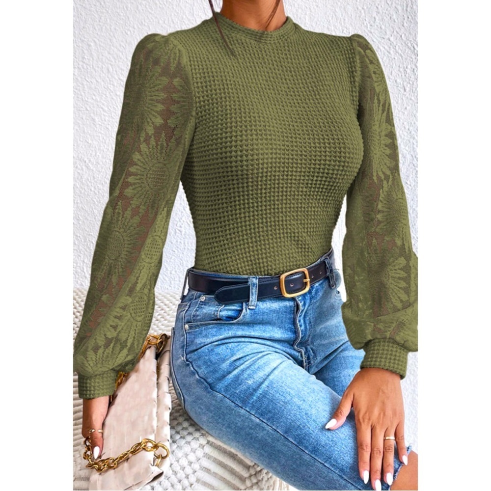 Green Sumflower Mesh Bubble Sleeve Waffle Knit Top